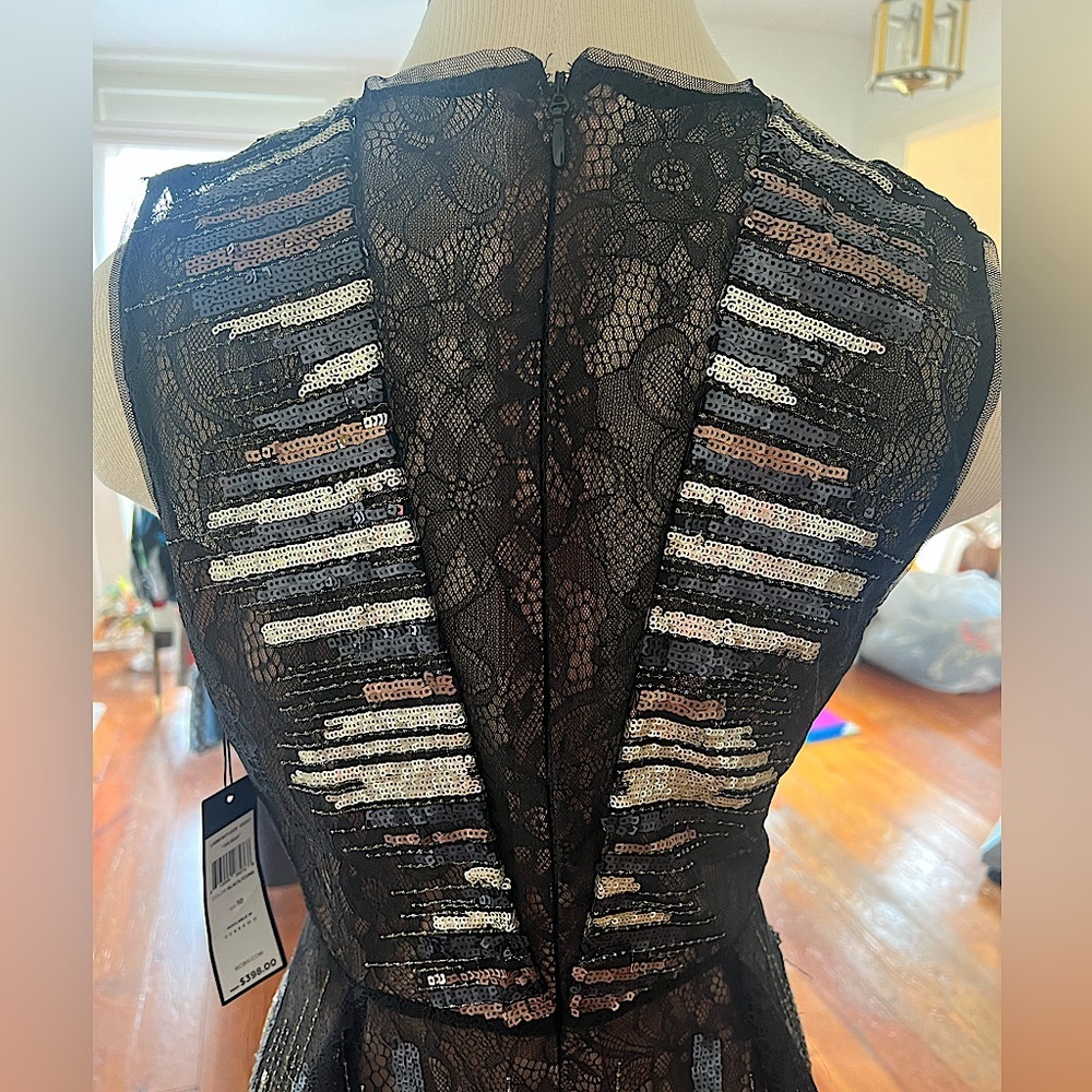 BCBG Black and Gold Sequin Lace Dress NWT - Picture 5 of 7